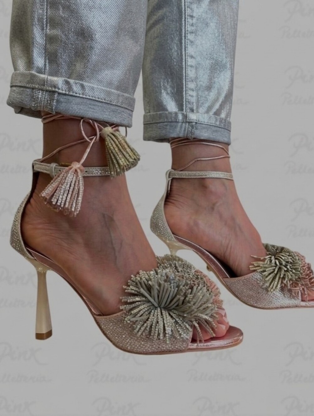 Kurt Geiger Rose Gold Glitter Pom-Pom Sandals